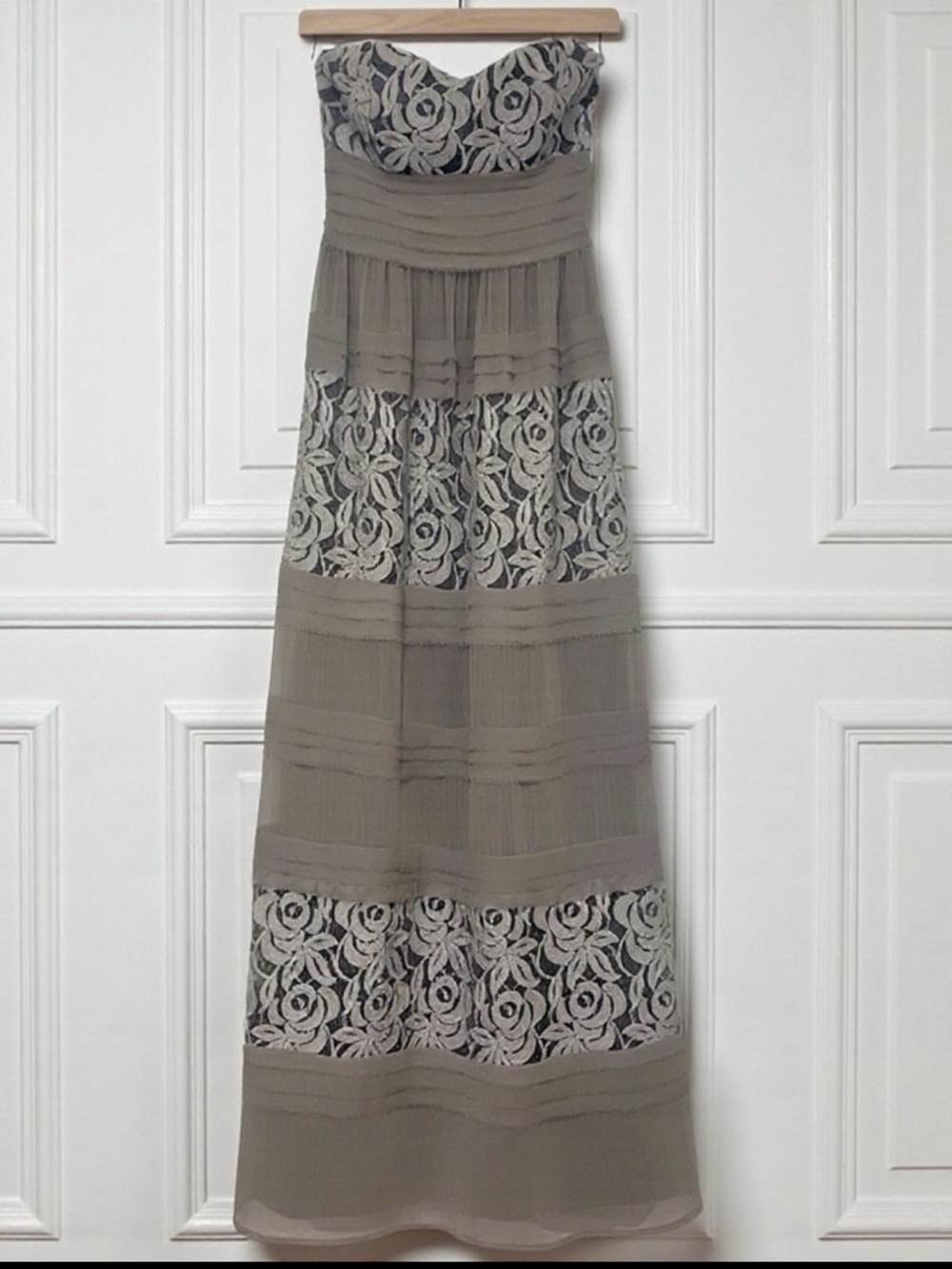 BCBG Generation Strapless Lace Maxi Dress Taupe Size S